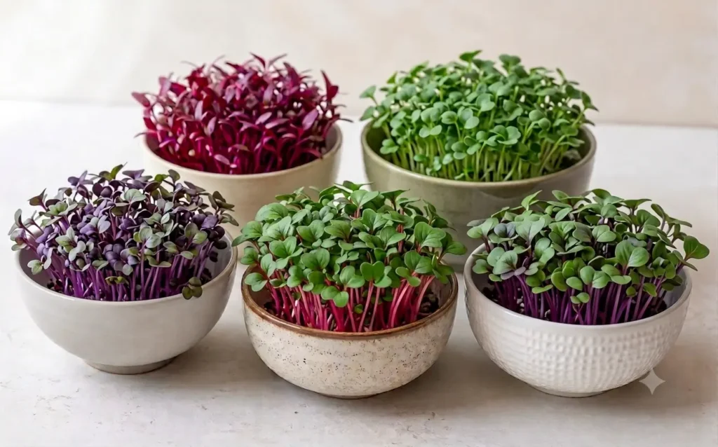 Variety of fresh organic microgreens available for bulk orders