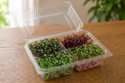Four varieties of fresh organic microgreens in a compartment tray for Dense Grower signature subscription plan